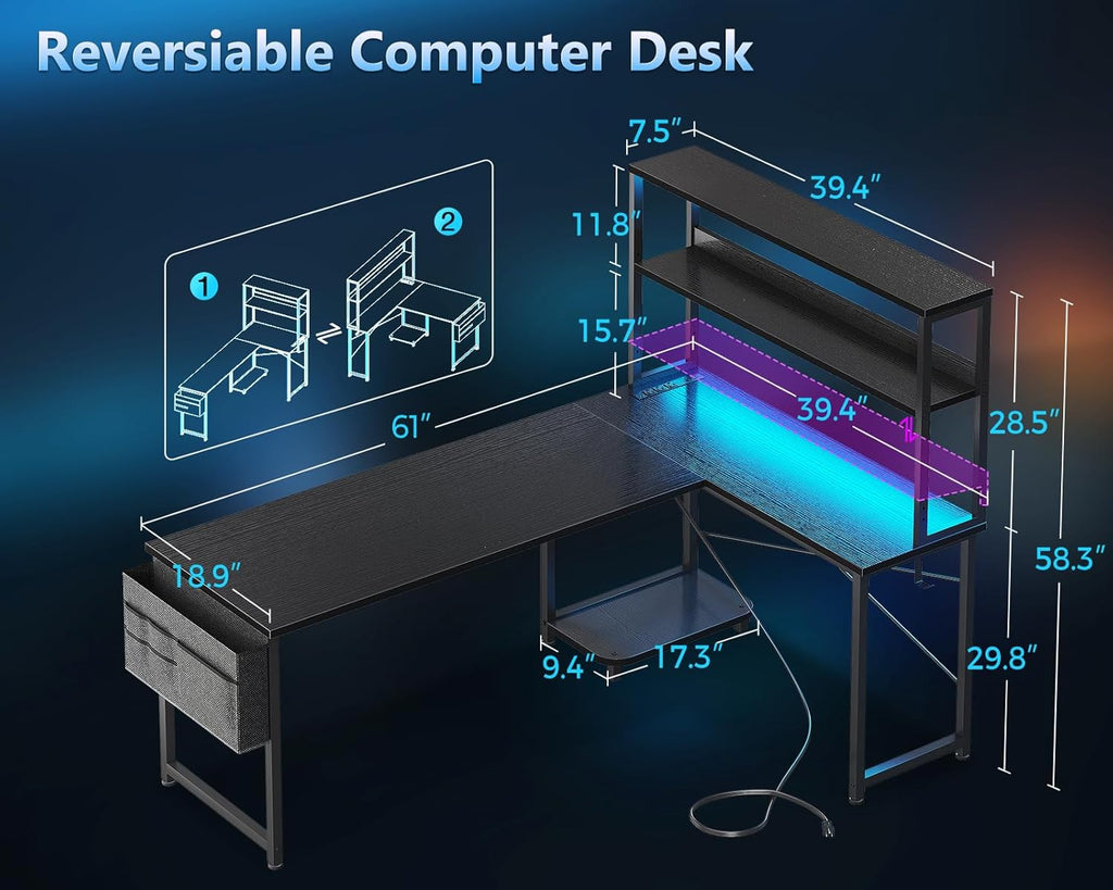 Casaottima 61 Inch Gaming Desk with Power Outlets & LED Lights,