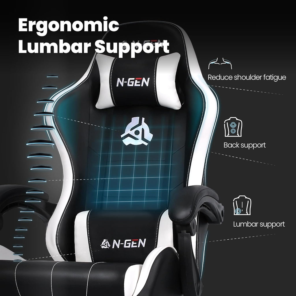 N-GEN GAMING Video Gaming Chair with Footrest Lumbar Support for Home Office High Back Recliner Height