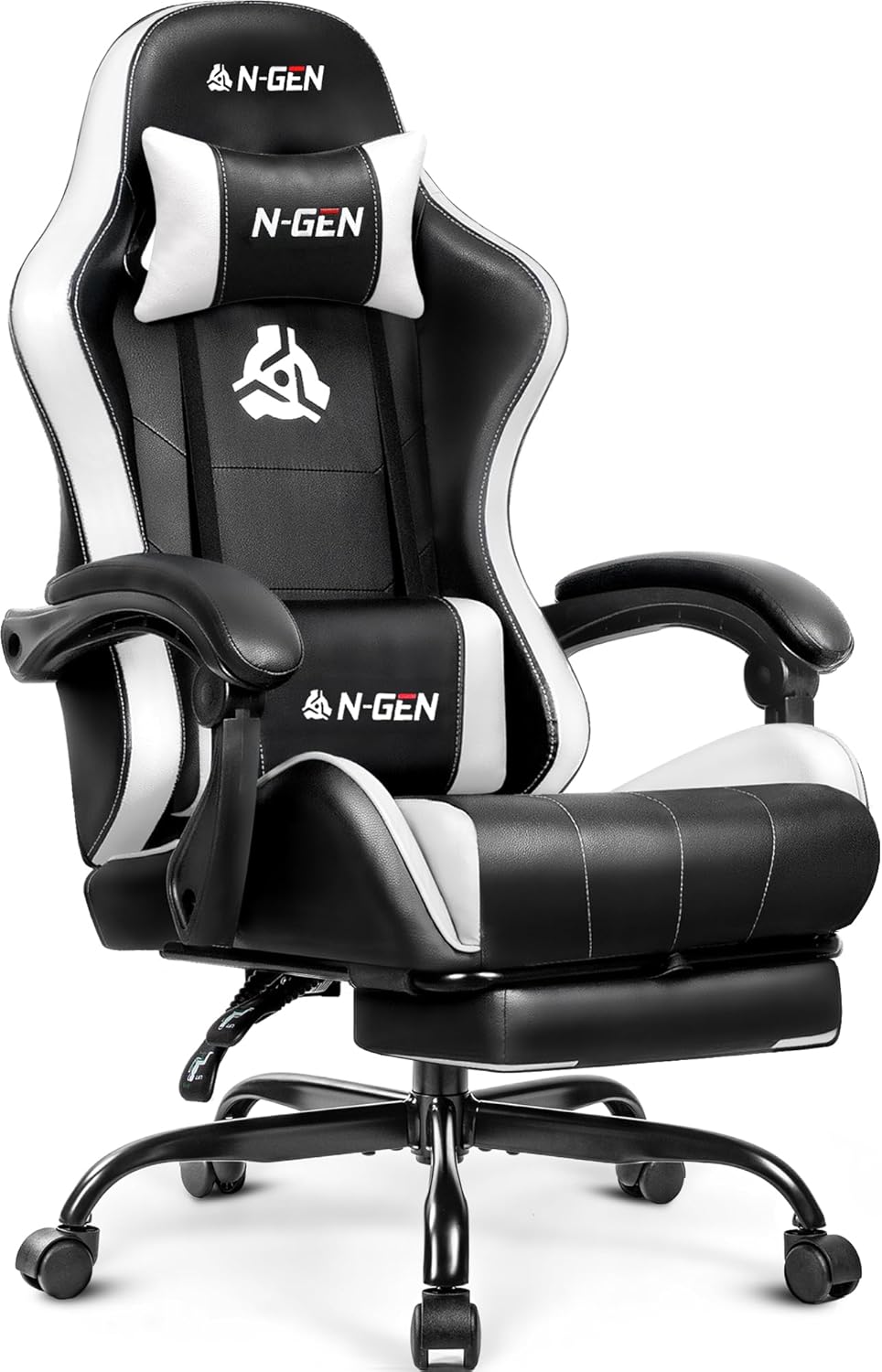 N-GEN GAMING Video Gaming Chair with Footrest Lumbar Support for Home Office High Back Recliner Height Adjustable Ergonomic Comfy Leather Computer Desk Chair (White)