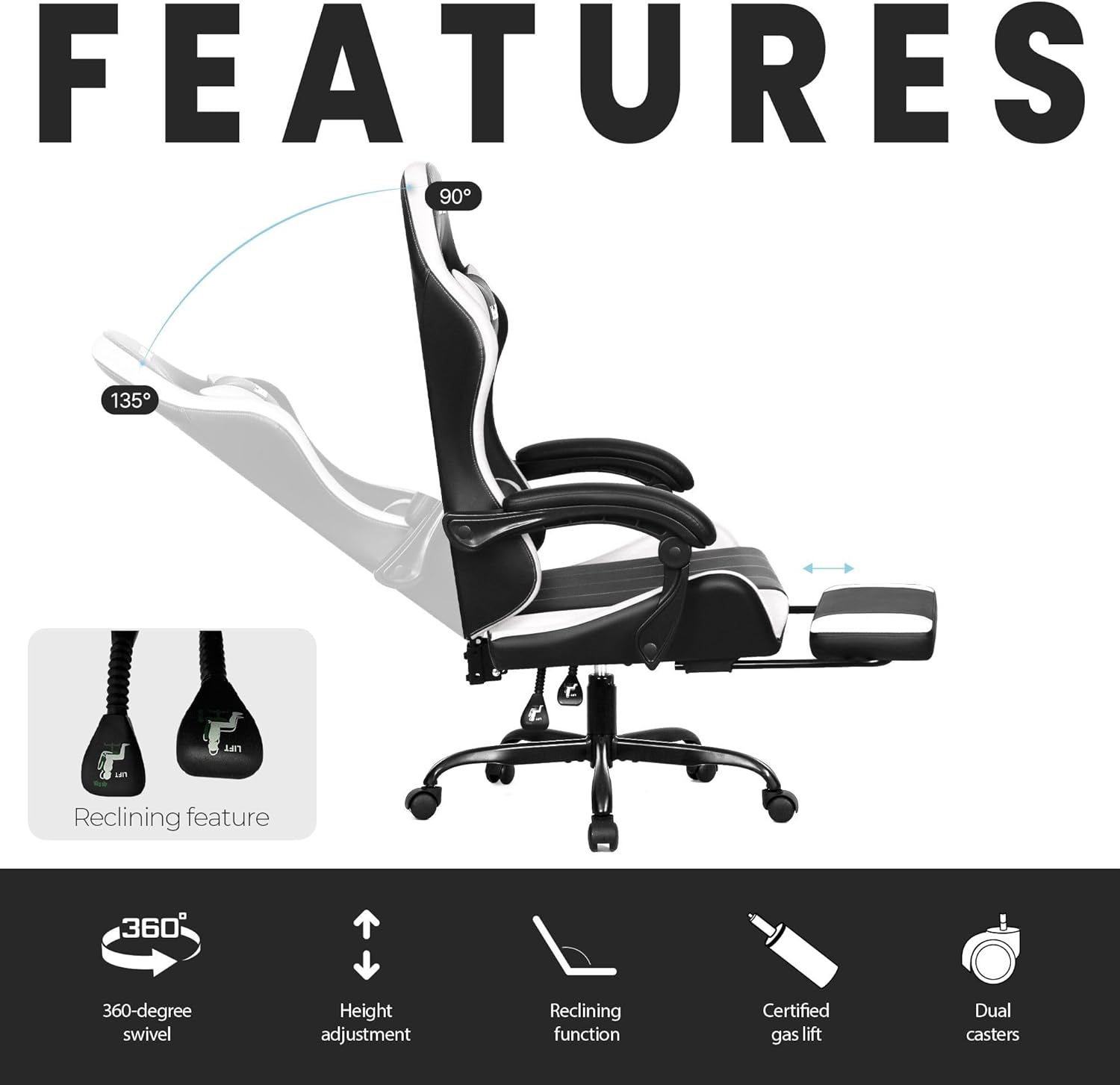 N-GEN GAMING Video Gaming Chair with Footrest Lumbar Support for Home Office High Back Recliner Height Adjustable Ergonomic Comfy Leather Computer Desk Chair (White)