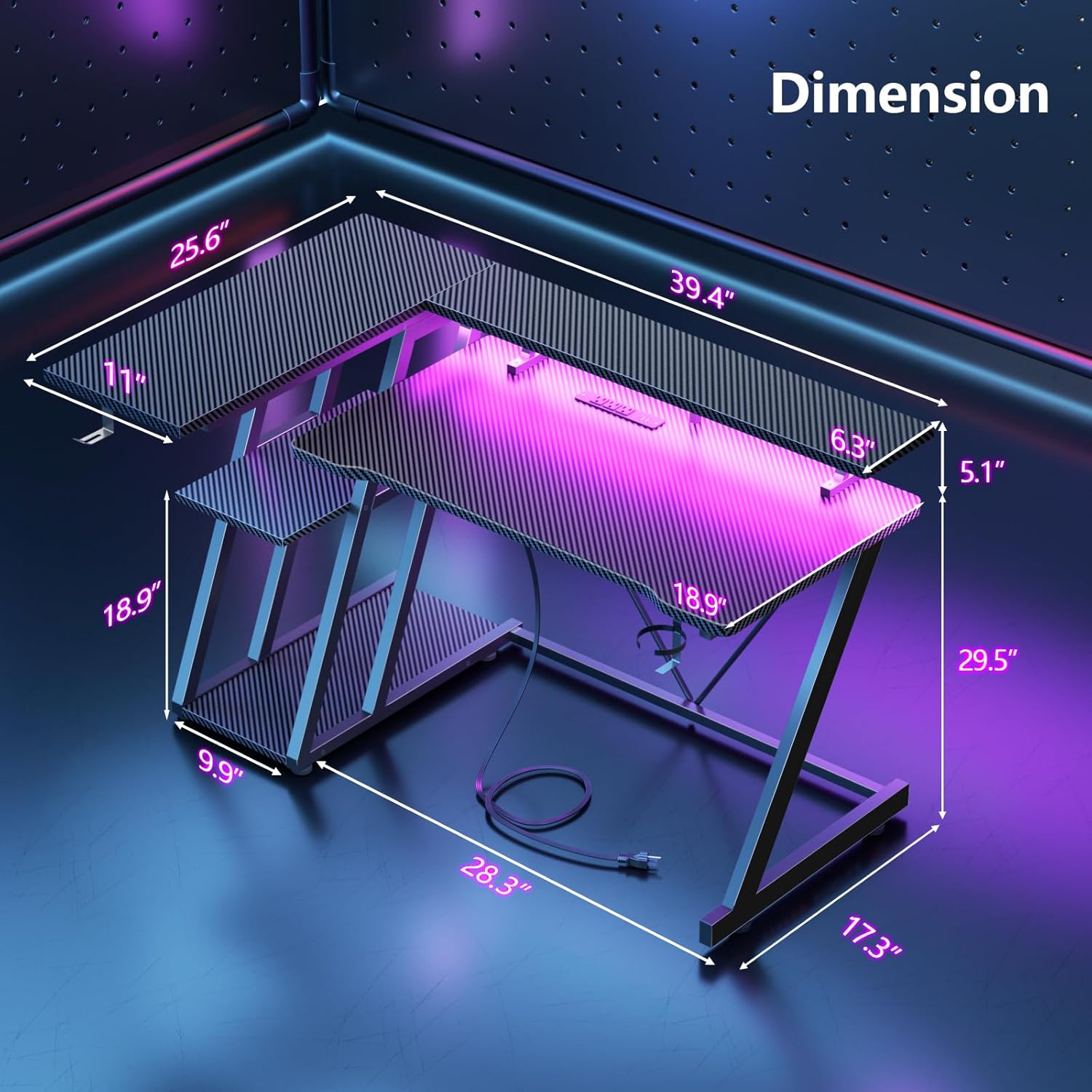 40 Inch Gaming Desk with Power Outlet & LED Lights, L Shaped Computer Gaming Table with 3 Tiers Storage Shelves, Corner Gamer Desk with Monitor Stand for Small Space, Carbon Fiber Black