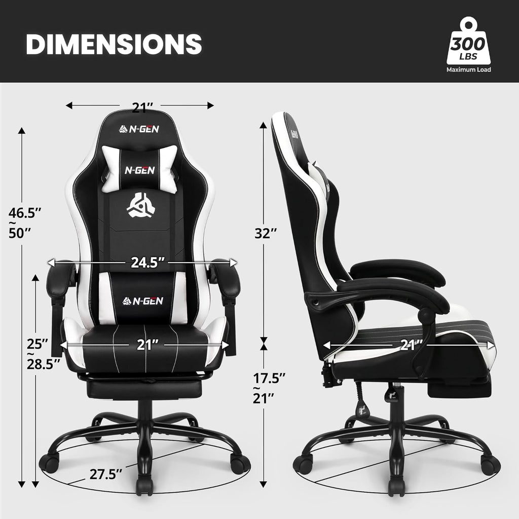 N-GEN GAMING Video Gaming Chair with Footrest Lumbar Support for Home Office High Back Recliner Height