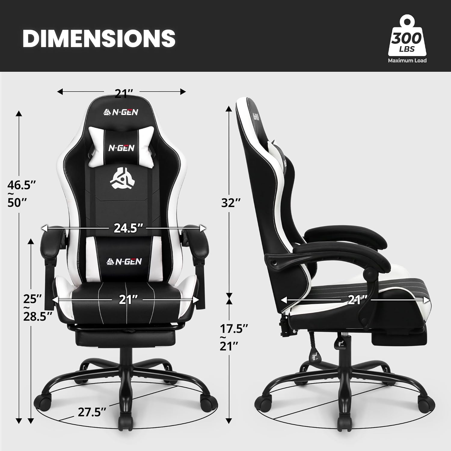 N-GEN GAMING Video Gaming Chair with Footrest Lumbar Support for Home Office High Back Recliner Height