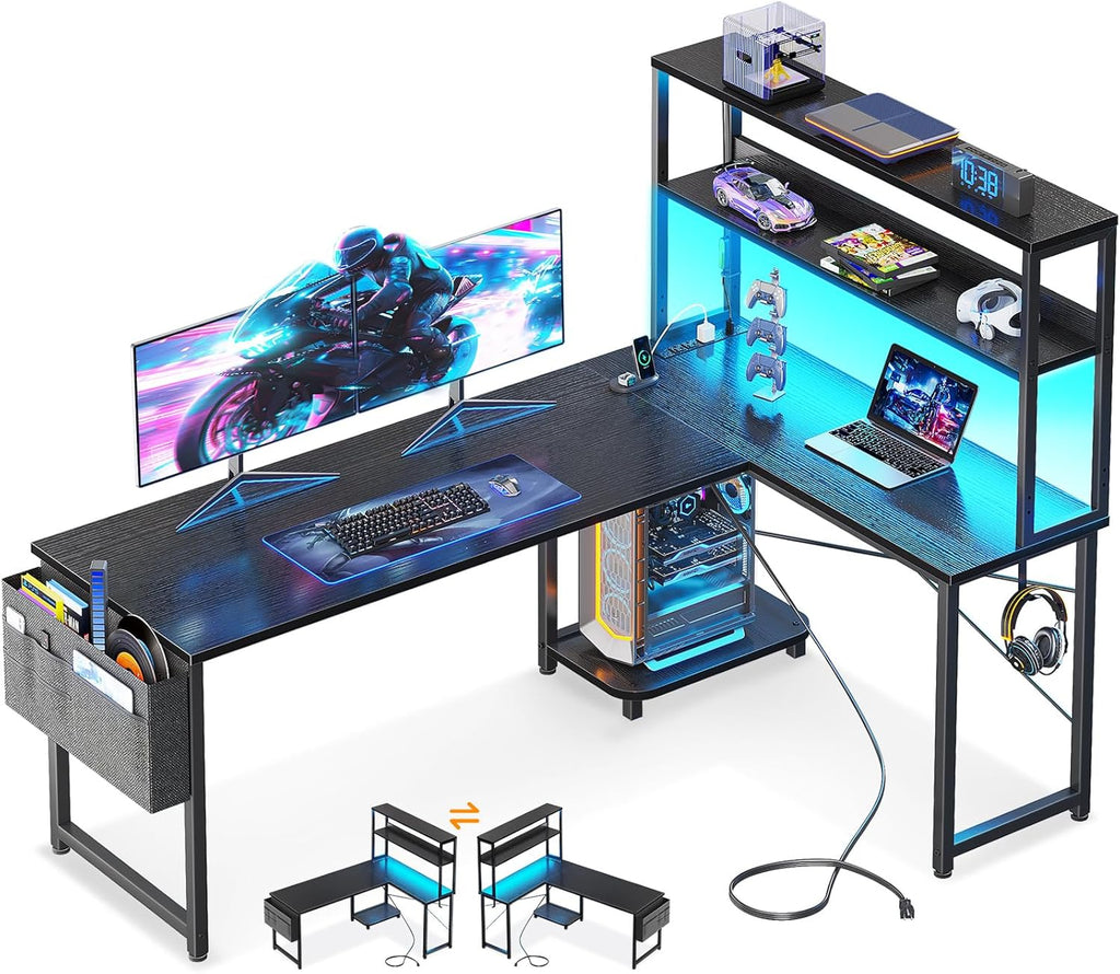 Casaottima 61 Inch Gaming Desk with Power Outlets & LED Lights,