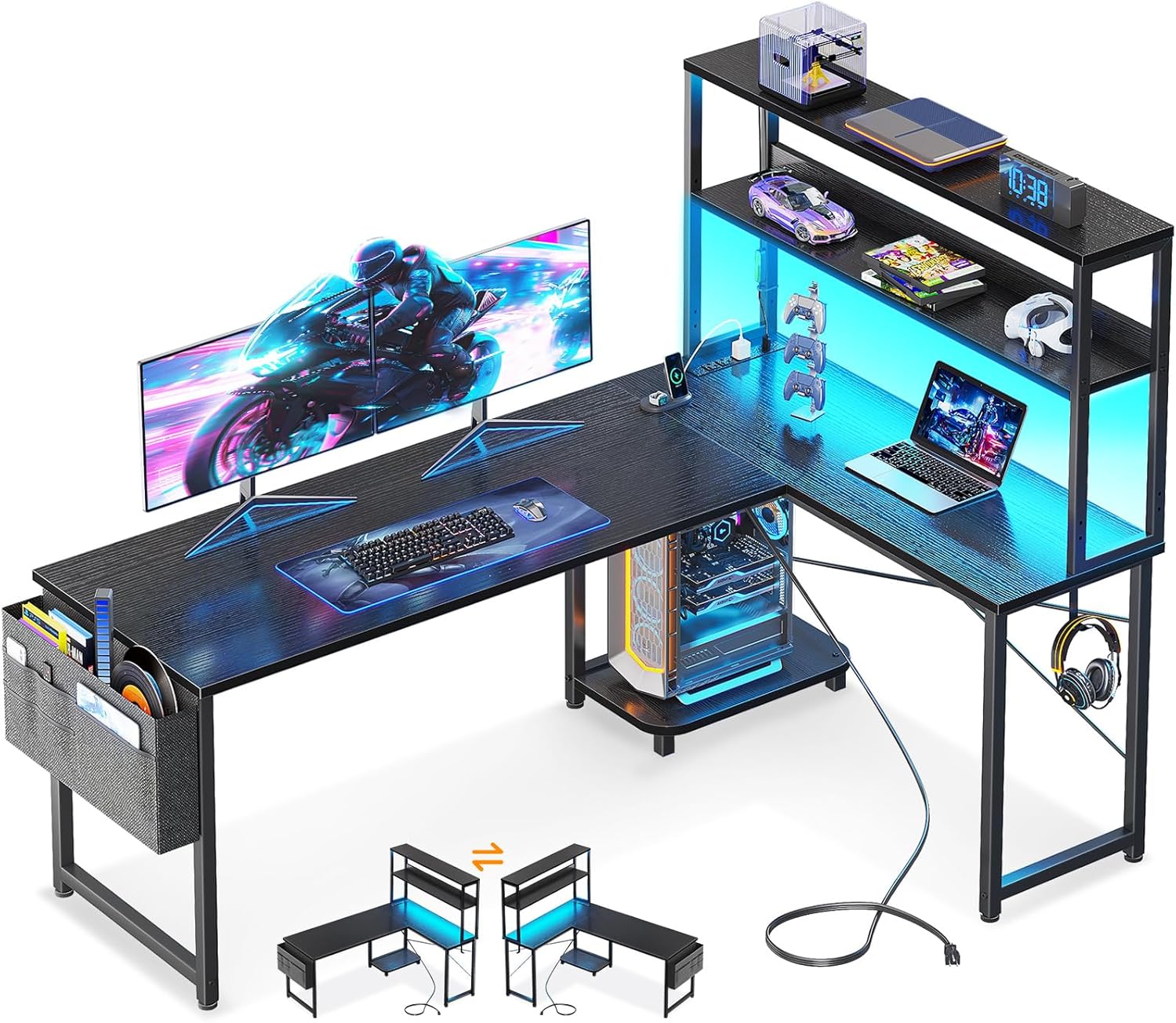 Casaottima 61 Inch Gaming Desk with Power Outlets & LED Lights, Reversible L Shaped Computer Desk with Shelves & Storage Bag, Corner Desk for Home Office, Black