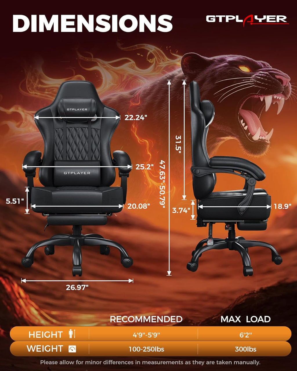 GTPLAYER Big and Tall Gaming Chair with Footrest, Ergonomic Office Desk Chair with 4.4in Thick Cushion