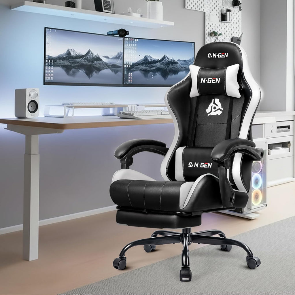 N-GEN GAMING Video Gaming Chair with Footrest Lumbar Support for Home Office High Back Recliner Height