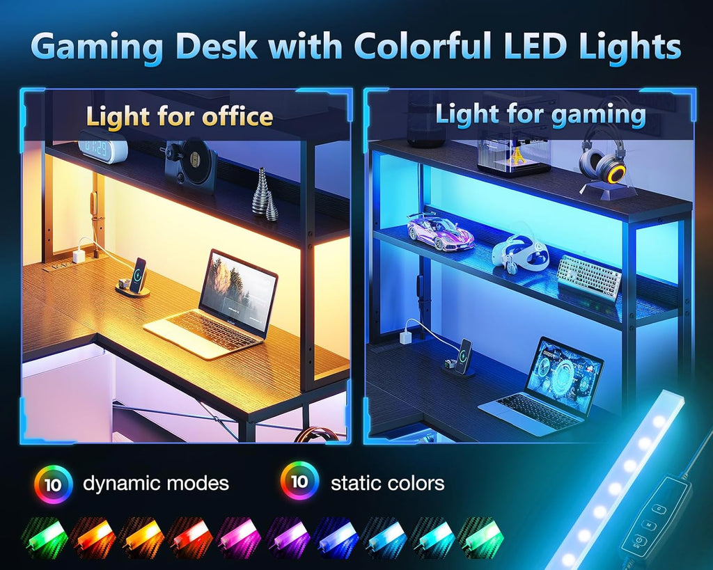 Casaottima 61 Inch Gaming Desk with Power Outlets & LED Lights,
