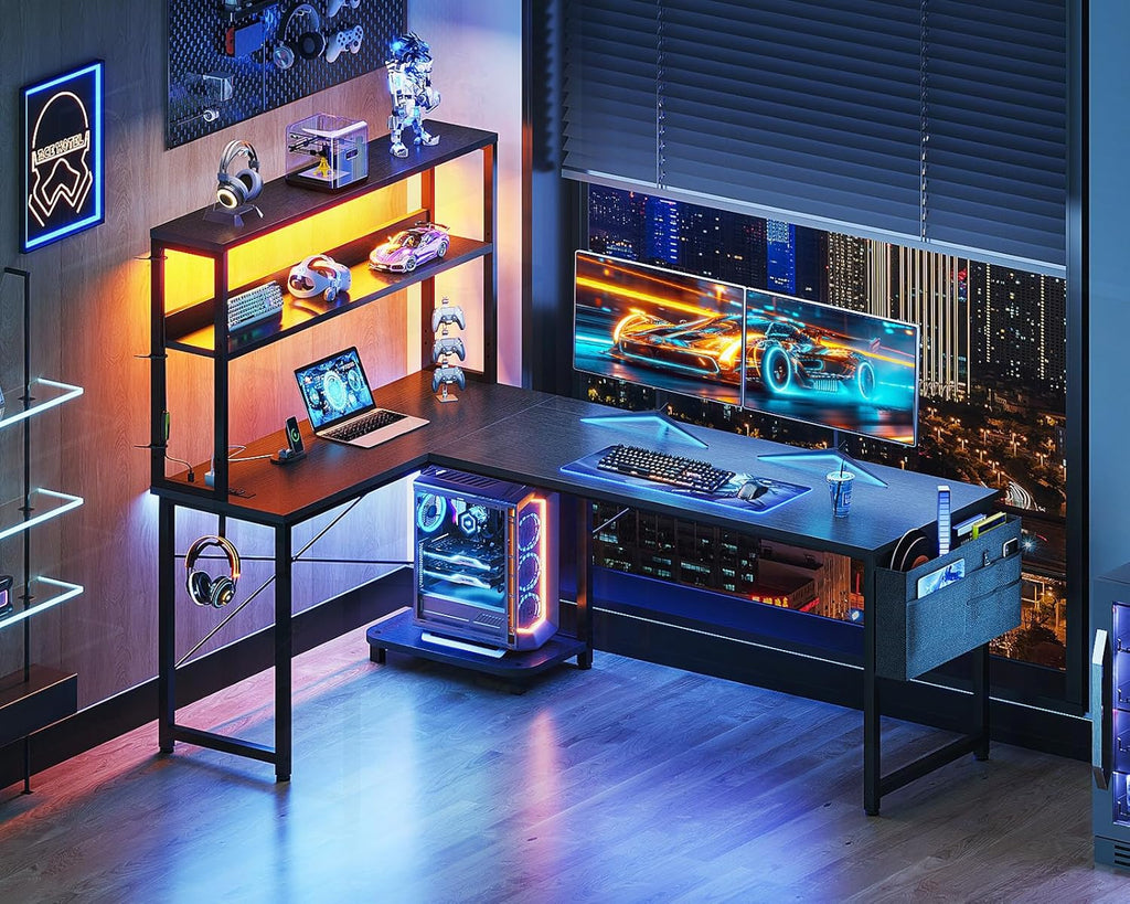 Casaottima 61 Inch Gaming Desk with Power Outlets & LED Lights,