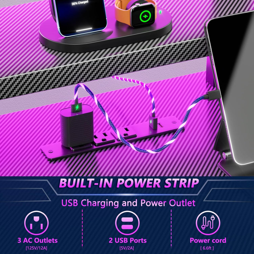 40 Inch Gaming Desk with Power Outlet & LED Lights, L Shaped Computer Gaming Table with 3 Tiers Storage Shelves, Corner Gamer Desk with Monitor Stand for Small Space, Carbon Fiber Black