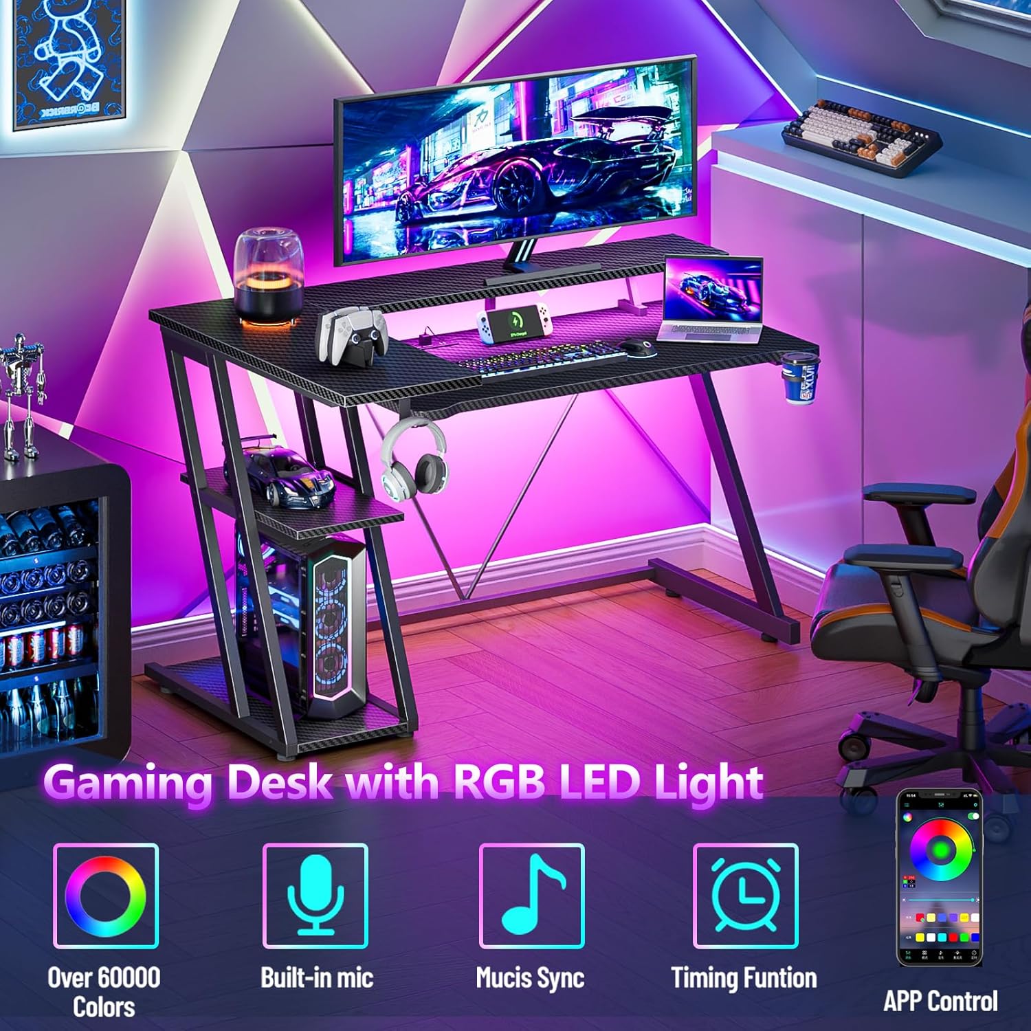 40 Inch Gaming Desk with Power Outlet & LED Lights, L Shaped Computer Gaming Table with 3 Tiers Storage Shelves, Corner Gamer Desk with Monitor Stand for Small Space, Carbon Fiber Black